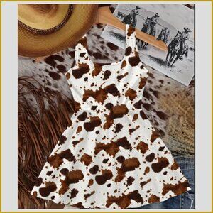 Sleeveless Cow Print Mini Dress - White & Brown